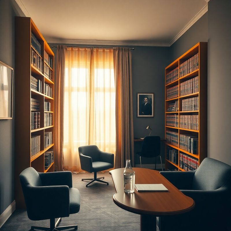 Interior de birou cu pereți gri și rafturi din lemn cu volume juridice